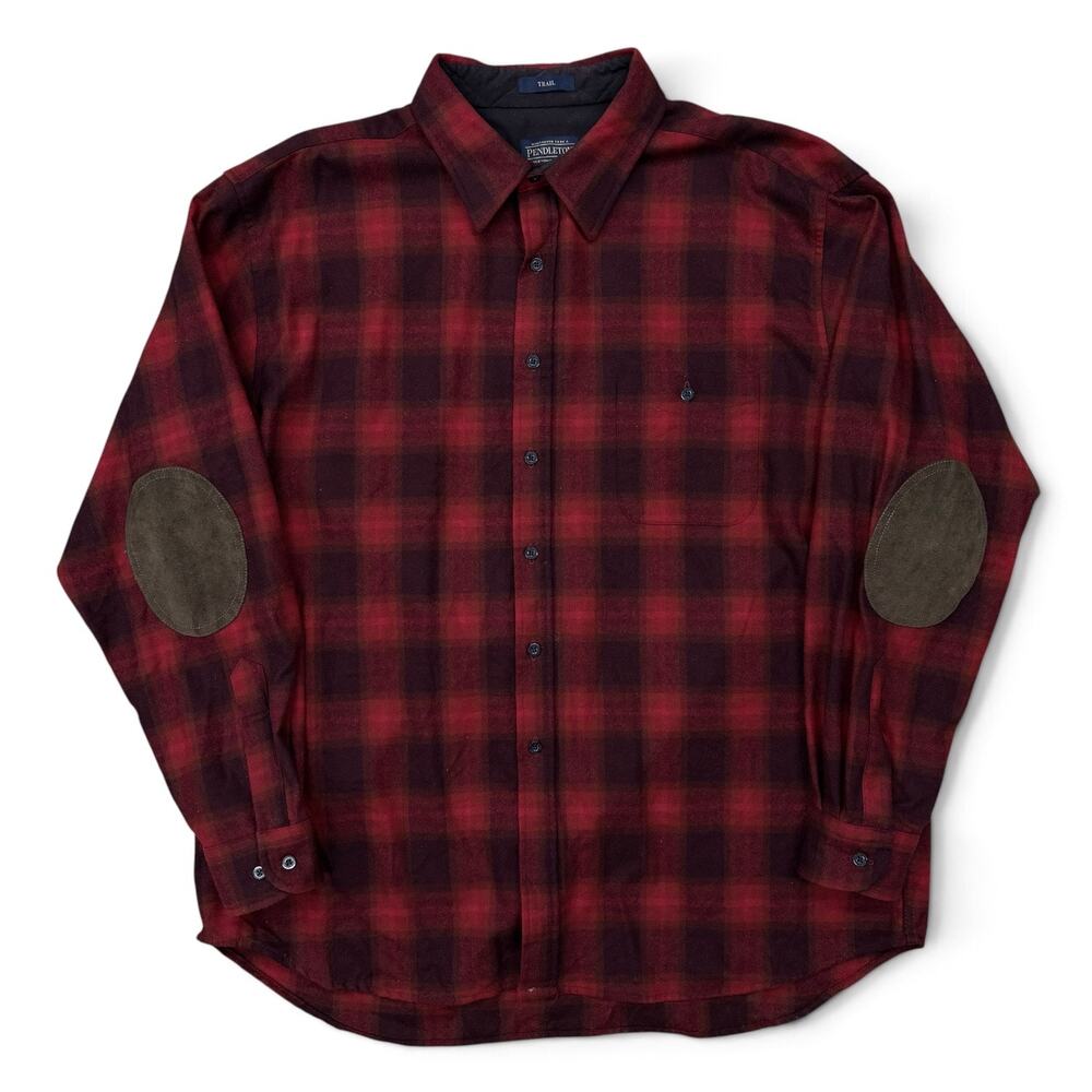 Pendleton Trail Wool Plaid Shirt XXL Red Flannel Elbow Patch Outdoor Overshirt